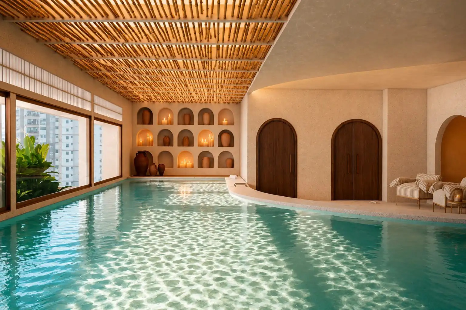 Piscina interna do Kronos com teto de bambu